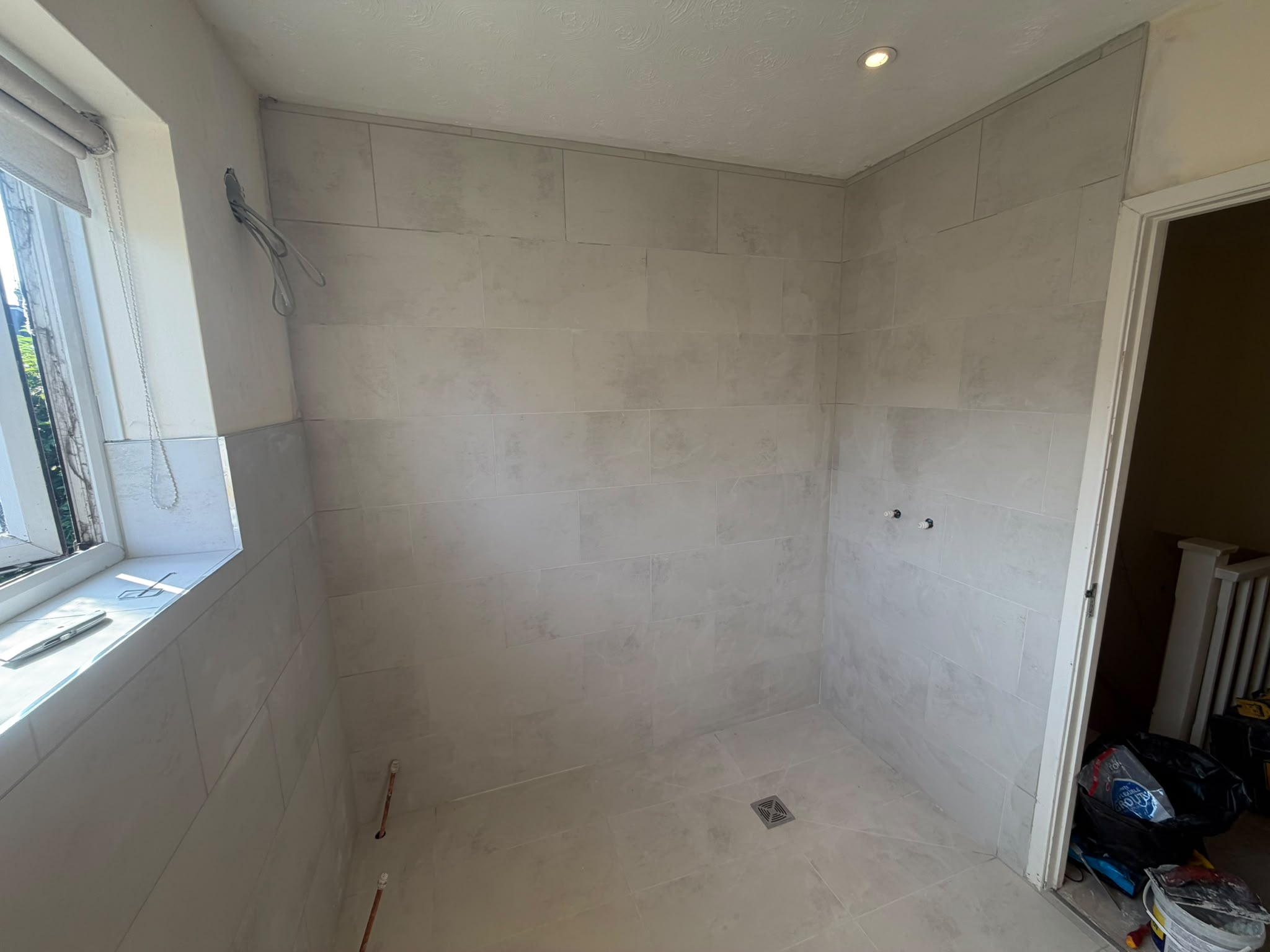 Wet room walls and floor tiled, RV Renovation, Oxford