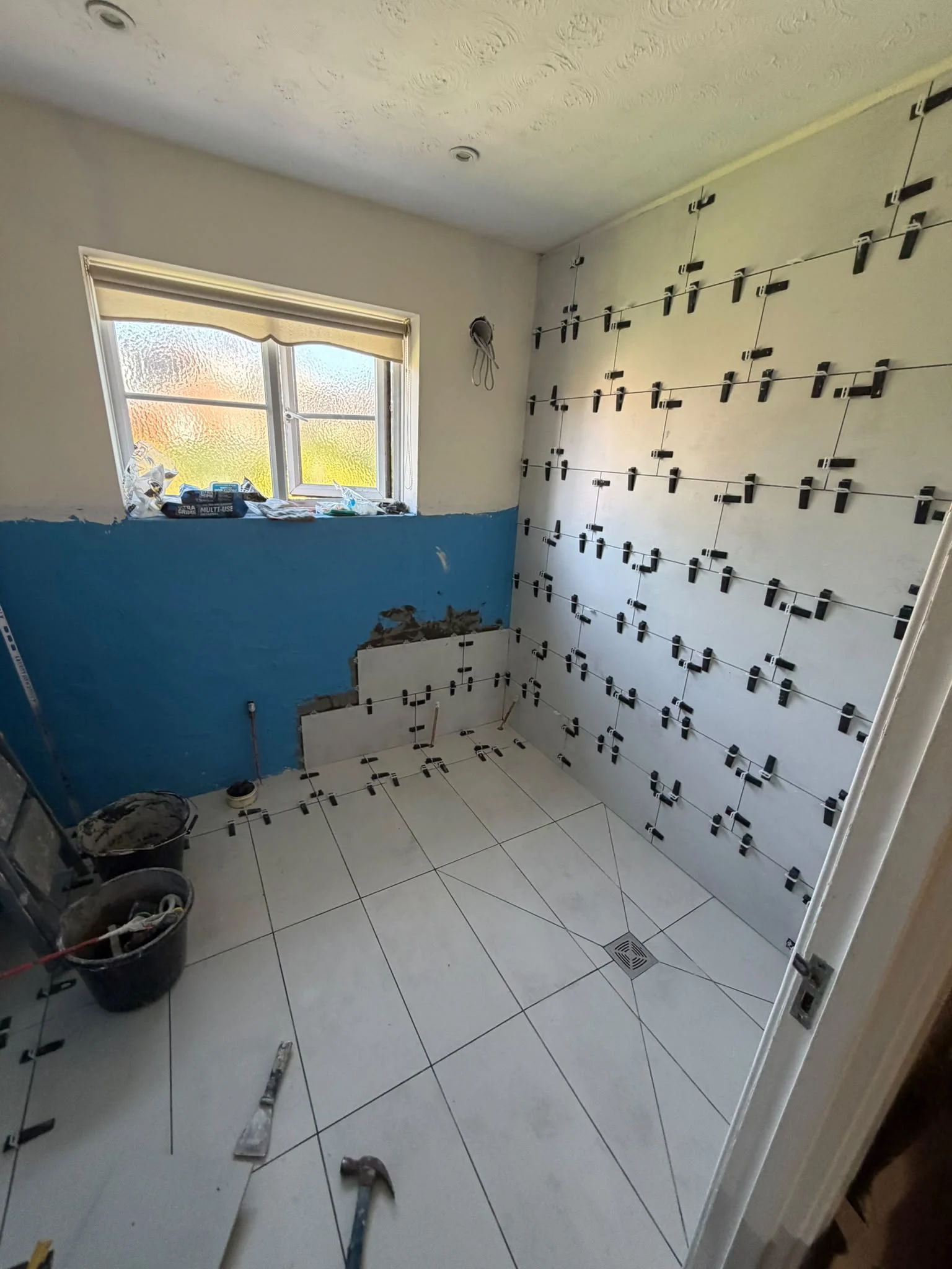 Large-format tiling in progress, RV Renovation, Oxford